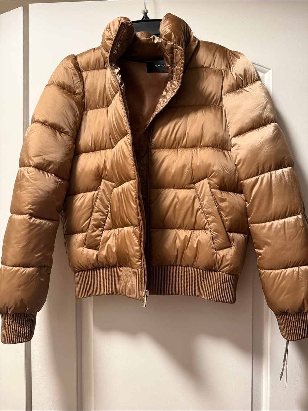Tahari Metallic Camel Brown Quilted Puffer Jacket